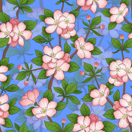SEAMLESS PATTERN WITH PINK APPLE BLOSSOMS ON A BLUE BACKGROUND. DIGITAL RASTER ILLUSTRATIONの写真素材