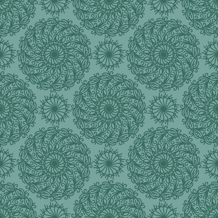 TURQUOISE SEAMLESS PATTERN WITH ROUND LINEAR ORNAMENTS IN VECTORのイラスト素材