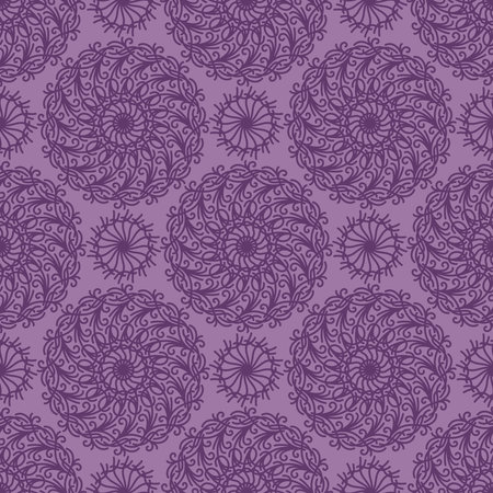LILAC SEAMLESS PATTERN WITH ROUND LINEAR ORNAMENTS IN VECTORのイラスト素材