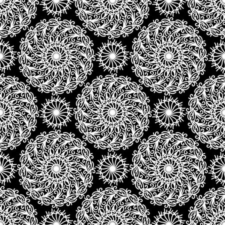 BLACK AND WHITE SEAMLESS PATTERN WITH ROUND LINEAR ORNAMENTS IN VECTORのイラスト素材