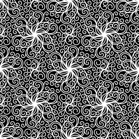 BLACK AND WHITE SEAMLESS PATTERN WITH ROUND LINEAR ORNAMENT IN VECTORのイラスト素材