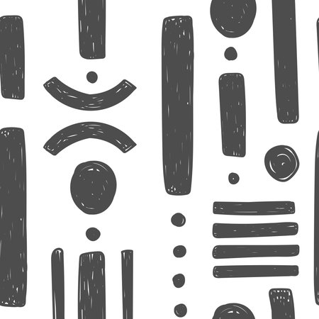 BLACK AND WHITE SEAMLESS PATTERN WITH CARELESS GEOMETRIC ELEMENTS IN THE VECTORのイラスト素材