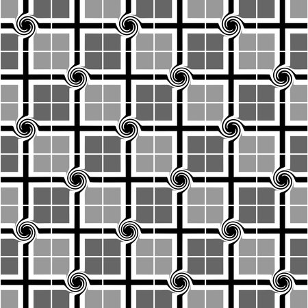 BLACK AND WHITE SEAMLESS PATTERN WITH A CHECKERED PATTERN AND SPIRALS IN A VECTORのイラスト素材