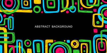 BANNER WITH MULTICOLORED NEON CARELESSLY DRAWN GEOMETRIC ELEMENTS ON A BLACK BACKGROUND IN VECTORのイラスト素材