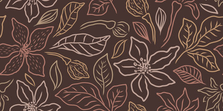 SEAMLESS PATTERN WITH BLOOMING LILIES ON A BROWN BACKGROUND IN VECTORのイラスト素材