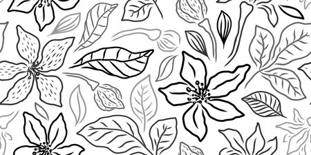 SEAMLESS PATTERN WITH BLOOMING BLACK LILIES ON A WHITE BACKGROUND IN VECTORのイラスト素材