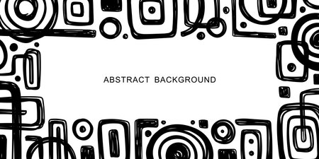 BANNER WITH BLACK CARELESSLY DRAWN GEOMETRIC ELEMENTS ON A WHITE BACKGROUND IN VECTORのイラスト素材