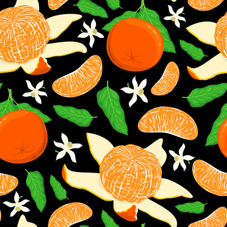 SEAMLESS PATTERN WITH BRIGHT RIPE TANGERINES ON A BLACK BACKGROUND IN VECTORのイラスト素材