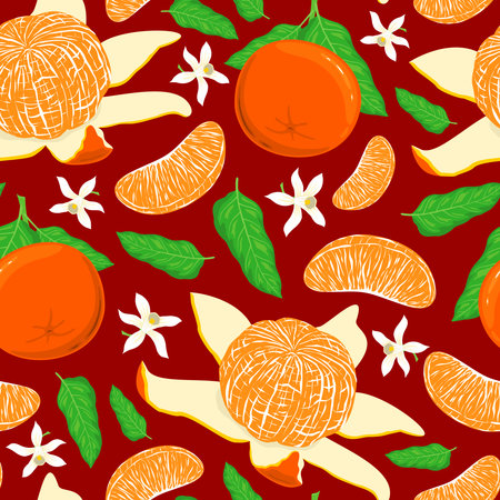 SEAMLESS PATTERN WITH BRIGHT RIPE TANGERINES ON A RED BACKGROUND IN VECTORのイラスト素材