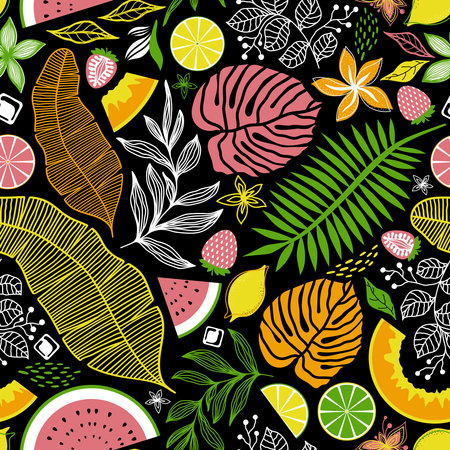 SEAMLESS PATTERN WITH BRIGHT MULTICOLORED TROPICAL LEAVES AND FRUITS ON A BLACK BACKGROUND IN VECTORのイラスト素材