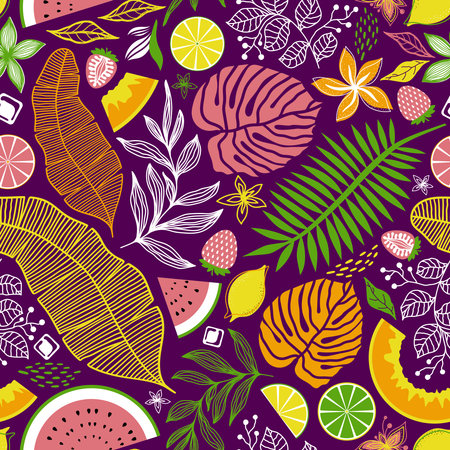 SEAMLESS PATTERN WITH BRIGHT MULTICOLORED TROPICAL LEAVES AND FRUITS ON A LILAC BACKGROUND IN VECTORのイラスト素材