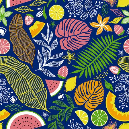 SEAMLESS PATTERN WITH BRIGHT MULTICOLORED TROPICAL LEAVES AND FRUITS ON A BLUE BACKGROUND IN VECTORのイラスト素材