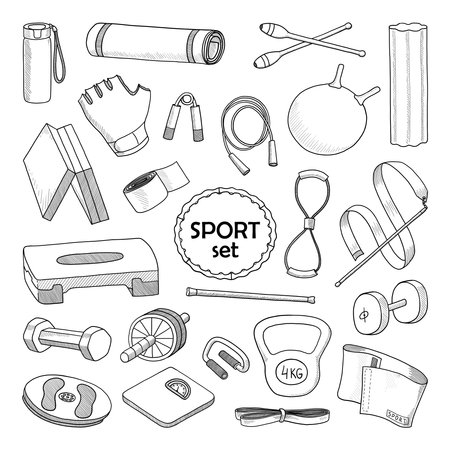 BIG SET OF SPORTS EQUIPMENT ON A WHITE BACKGROUND IN VECTORのイラスト素材