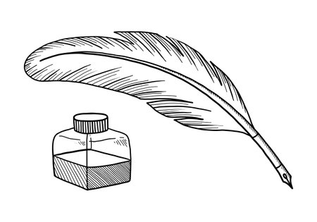 Black contour drawing of a fountain pen and ink on a white background in a vectorのイラスト素材