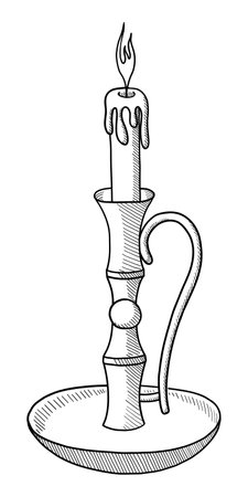 BLACK CONTOUR DRAWING OF A BURNING CANDLE IN A CANDLESTICK ON A WHITE BACKGROUND IN VECTORのイラスト素材