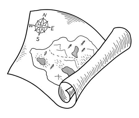 Black contour drawing of a paper terrain map on a white background in vectorのイラスト素材