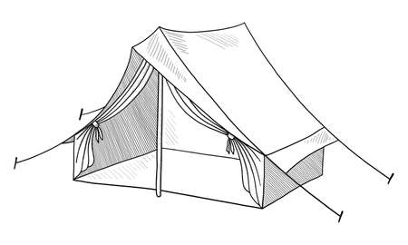 Black contour drawing of a tourist tent on white background in vectorのイラスト素材