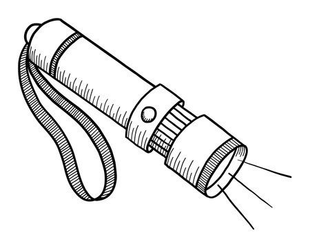 BLACK CONTOUR DRAWING OF A TOURIST FLASHLIGHT ON A WHITE BACKGROUND IN VECTORのイラスト素材