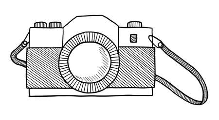 Black contour drawing a vintage camera on a white background in vectorのイラスト素材