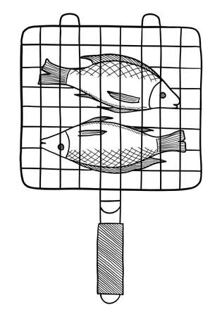 Black contour drawing of a grilled fish on a white background in a vectorのイラスト素材