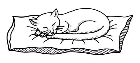 Black contour drawing of a sleeping cat on a white background in vectorのイラスト素材