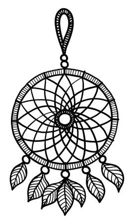 Black contour drawing of a dreamcatcher on a white background in vectorのイラスト素材