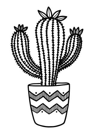 Black contour drawing of a cactus in a pot on a white background in vectorのイラスト素材