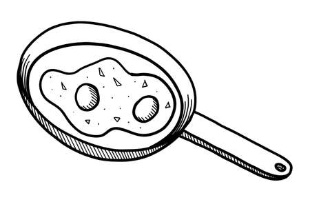 Black contour drawing of a frying pan with scrambled eggs on a white background in vectorのイラスト素材