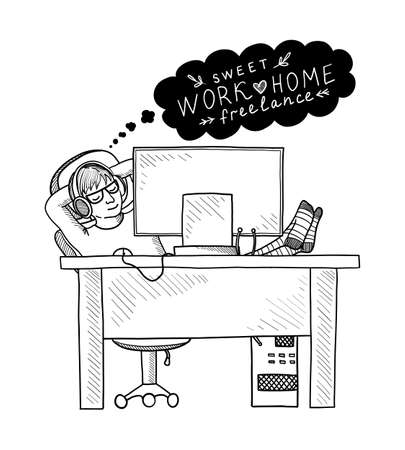 Black contour drawing of a young guy at a computer on white background in vectorのイラスト素材