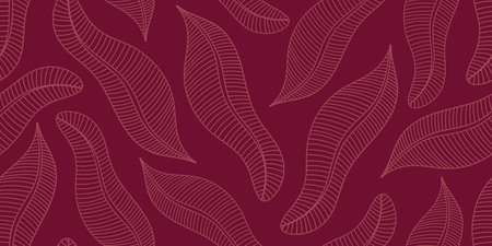 SEAMLESS TROPICAL PATTERN WITH PINK BANANA LEAVES ON A CRIMSON BACKGROUND IN VECTORのイラスト素材