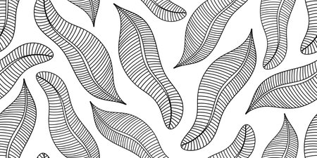 SEAMLESS TROPICAL PATTERN WITH BLACK BANANA LEAVES ON A WHITE BACKGROUND IN VECTORのイラスト素材