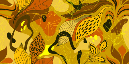 YELLOW SEAMLESS FLORAL PATTERN WITH MULTICOLORED LEAVES AND ABSTRACT SPOTS IN VECTORのイラスト素材