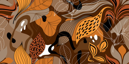 BROWN SEAMLESS FLORAL PATTERN WITH MULTICOLORED LEAVES AND ABSTRACT SPOTS IN VECTORのイラスト素材