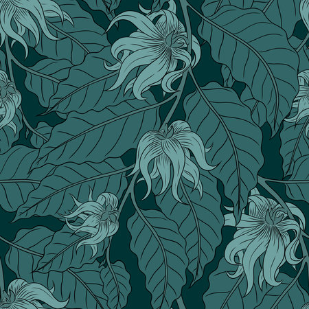 SEAMLESS PATTERN WITH MINT YLANG-YLANG FLOWERS ON MINT BRANCHES ON AN EMERALD BACKGROUND IN VECTORのイラスト素材