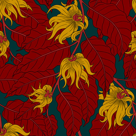 SEAMLESS PATTERN WITH YELLOW YLANG-YLANG FLOWERS ON RED BRANCHES ON AN EMERALD BACKGROUND IN VECTORのイラスト素材
