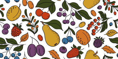 SEAMLESS PATTERN WITH MULTICOLORED FRUITS AND BERRIES ON A WHITE BACKGROUND IN VECTORのイラスト素材