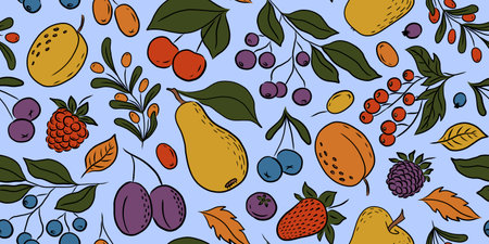 SEAMLESS PATTERN WITH MULTICOLORED FRUITS AND BERRIES ON A LIGHT BLUE BACKGROUND IN VECTORのイラスト素材