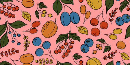 SEAMLESS PATTERN WITH COLORFUL FRUITS AND BERRIES ON A PINK BACKGROUND IN VECTORのイラスト素材