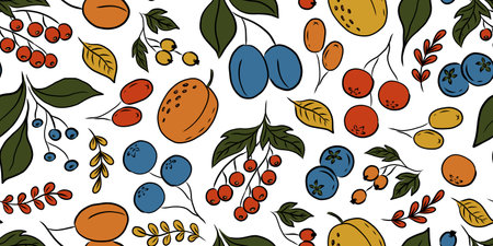 SEAMLESS PATTERN WITH MULTICOLORED FRUITS AND BERRIES ON A WHITE BACKGROUND IN VECTORのイラスト素材