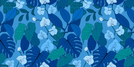 LIGHT BLUE SEAMLESS FLORAL PATTERN WITH TROPICAL PLANTS AND BLOOMING ORCHIDS IN VECTORのイラスト素材