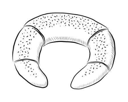 BLACK CONTOUR DRAWING OF A BAGEL ON A WHITE BACKGROUND IN VECTORのイラスト素材