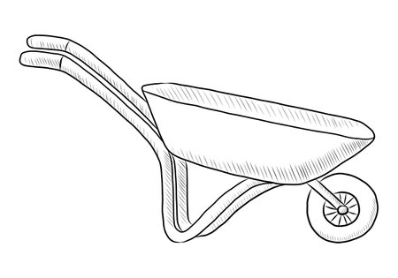 BLACK CONTOUR DRAWING OF A WHEELBARROW ON A WHITE BACKGROUND IN VECTORのイラスト素材