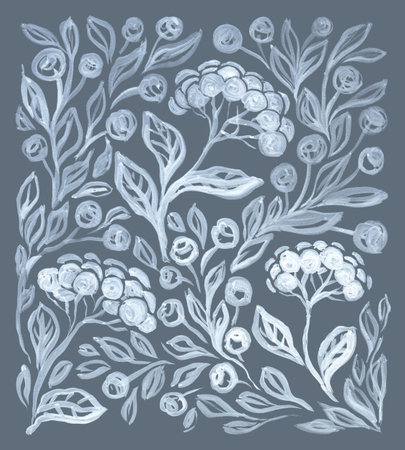 BEAUTIFUL FLORAL ILLUSTRATION IN BLUE GOUACHE ON A GRAY BACKGROUNDの写真素材