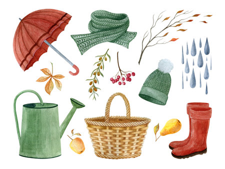 A SET OF WATERCOLOR ILLUSTRATIONS WITH AUTUMN ATTRIBUTES ISOLATED ON A WHITE BACKGROUNDの写真素材