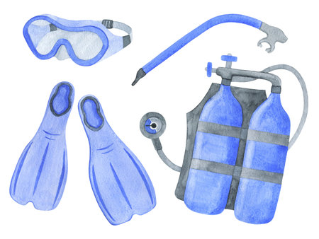 A SET OF WATERCOLOR ILLUSTRATIONS OF DIVING OBJECTS ISOLATED ON A WHITE BACKGROUNDの写真素材