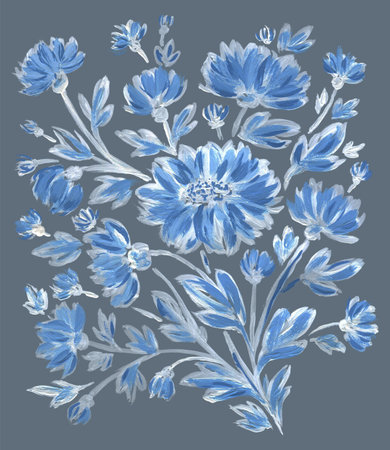 BEAUTIFUL FLORAL ILLUSTRATION IN BLUE GOUACHE ON A GRAY BACKGROUNDの写真素材