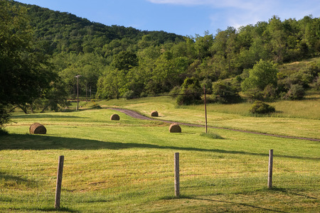 Rural pastoral landscape with farming fields, haystack, hills forest. American countryside. Summer sunny day.の写真素材