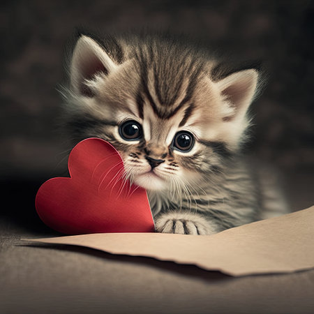 Cute kitten hugs a red heart close to envelope. Valentines day concept. Generative AIの素材