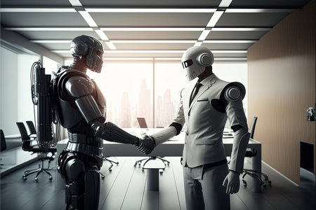 Business robots shaking hands in modern office, finishing up a meeting. Created with Generative AI technologyの素材