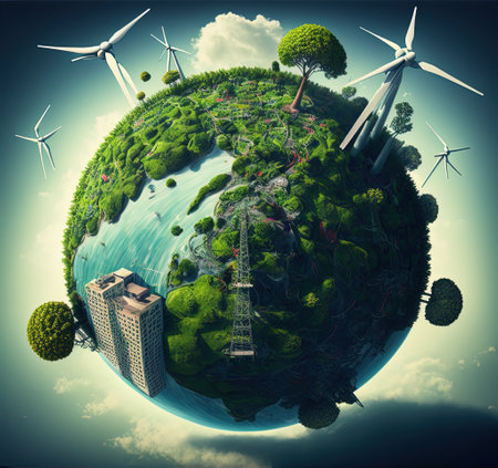 World map green planet Earth Day or Environment day concept. world forestry day. Eco-friendly earth with green trees, blue water. Save nature, green energy. Created with Generative AI technologyの素材